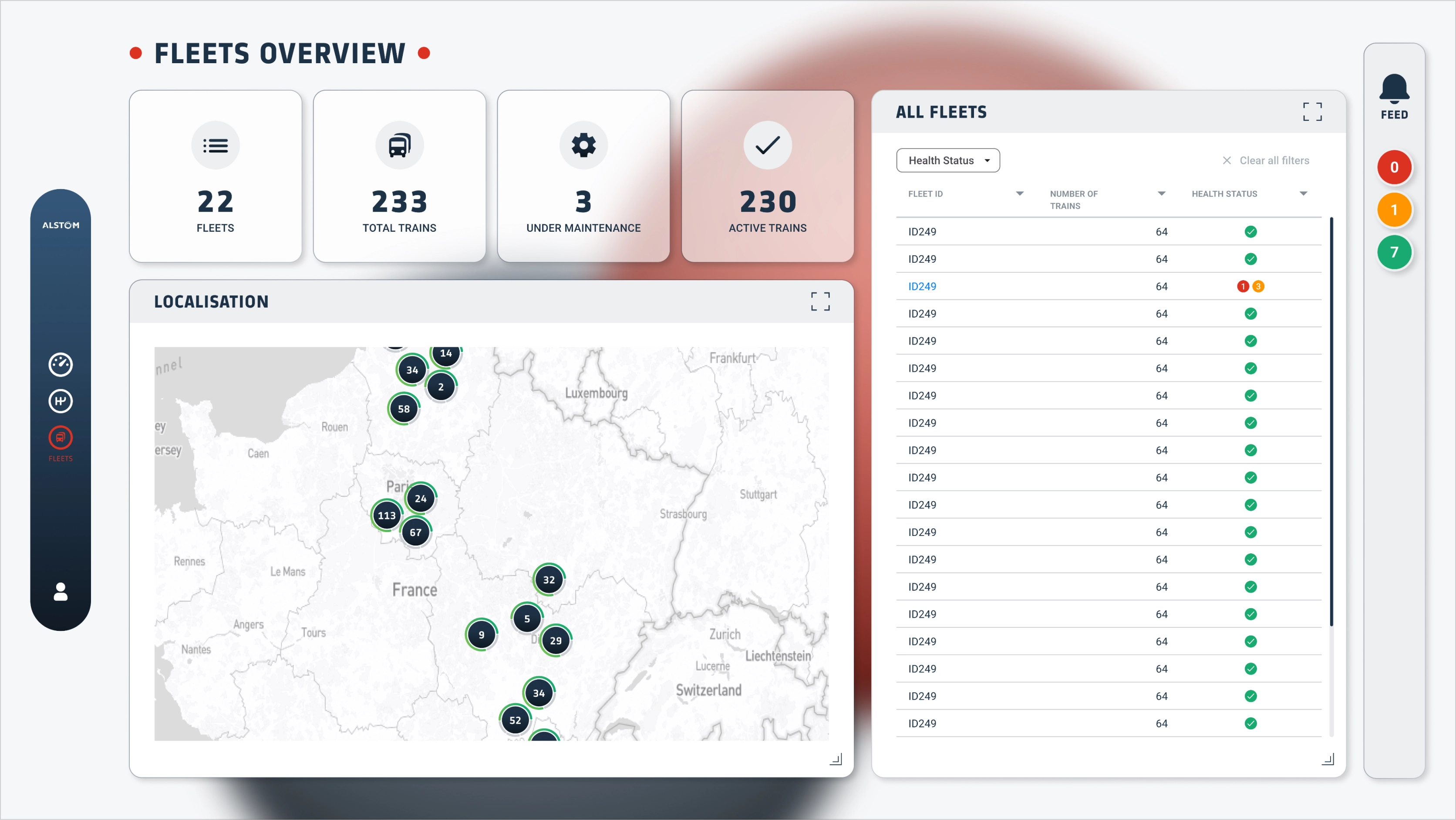 Vue de la flotte de trains avec la liste des trains et leur statut dans l’interface Alstom
