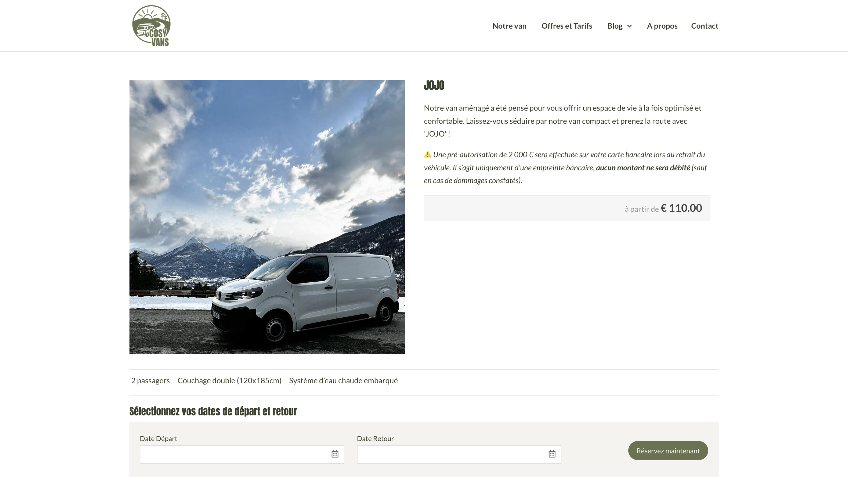Extrait du parcours de réservation d’un van aménagé sur le site Cosy Vans